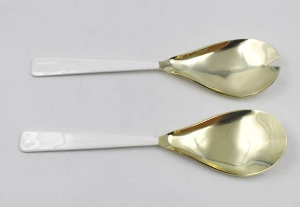 Set of 2 Gold Salad Servers with White Handles