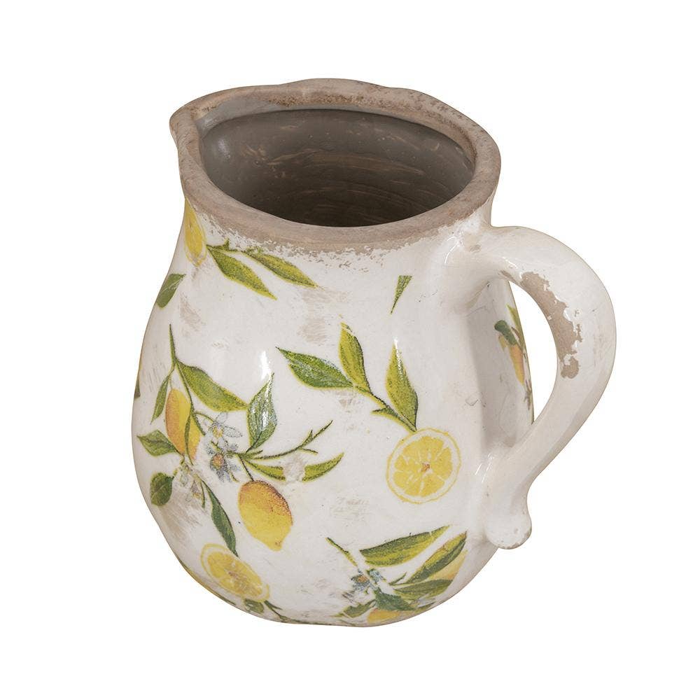 6.3x5x6" White Ceramic Pitcher Vase w/ Yellow Lemon Motif