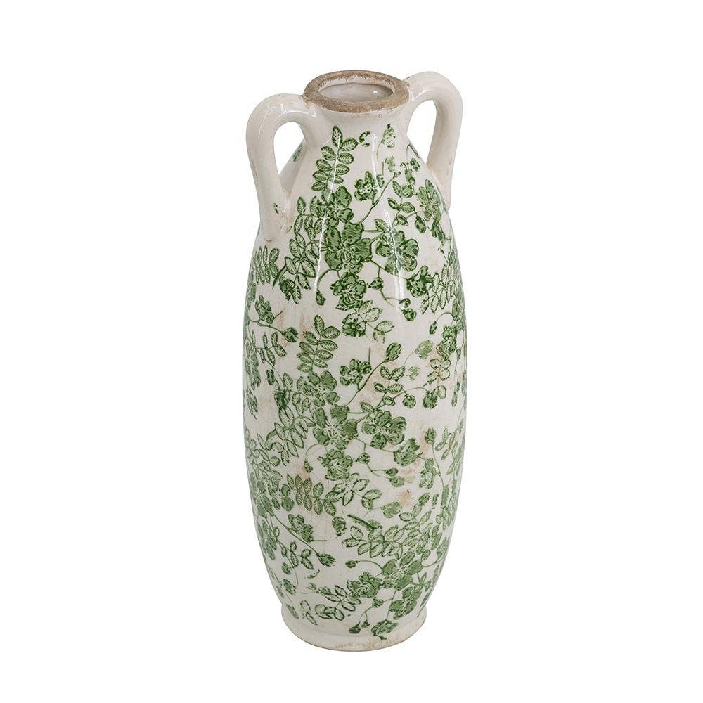 D5x14" White Ceramic Flower Vase Floral Pattern & Handles