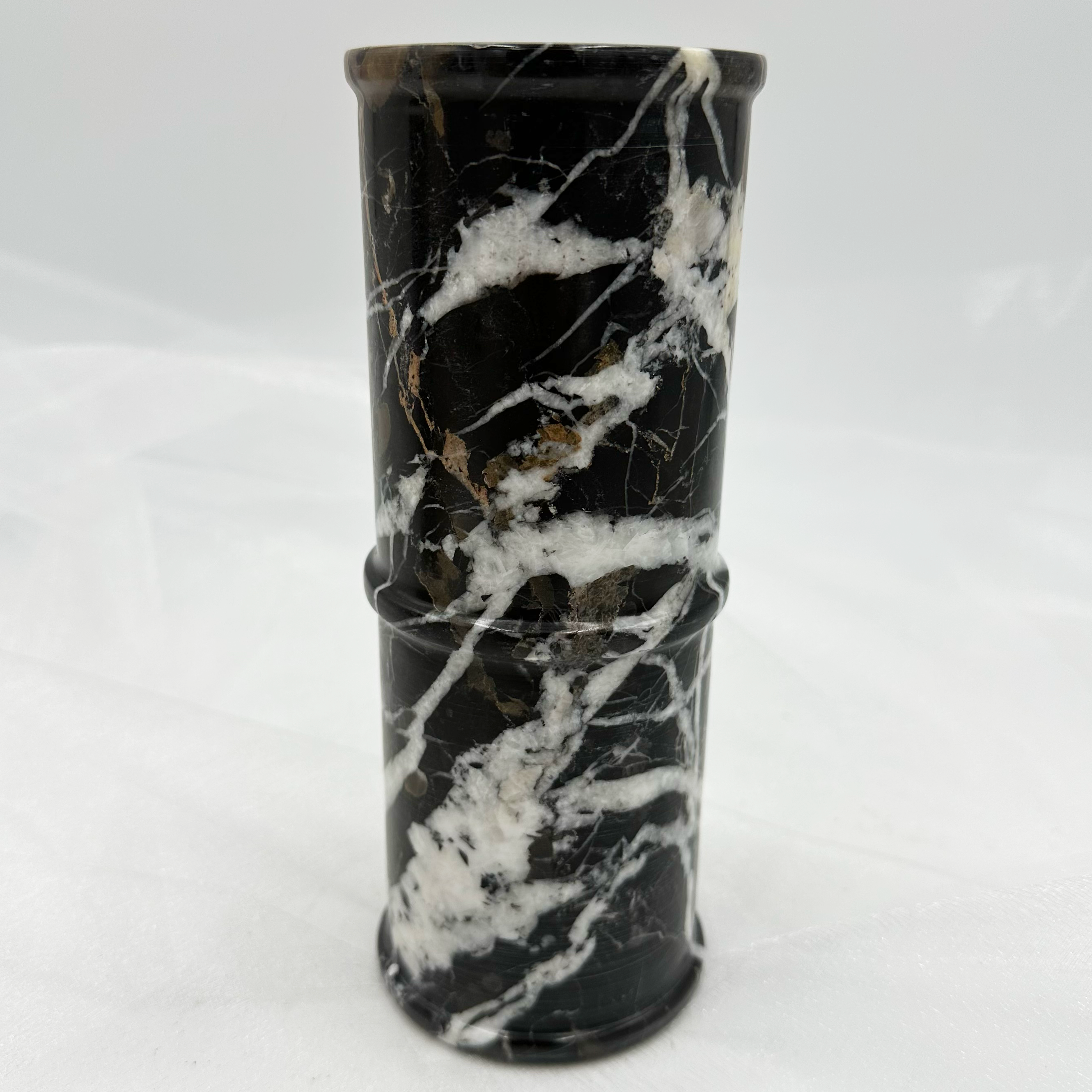 8" Cylindrical Vase in Marble & Onyx: Black Zebra Marble