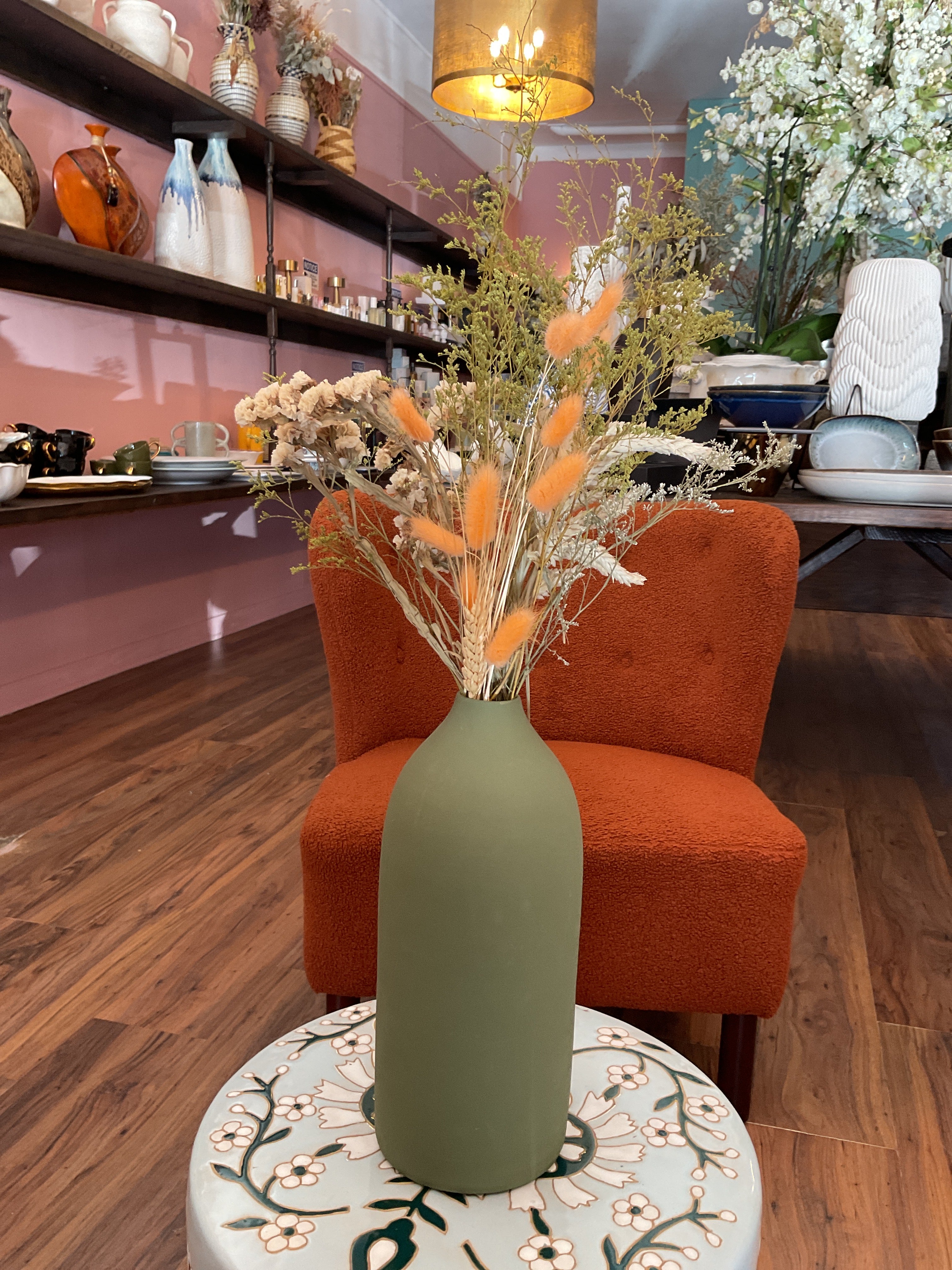 Dried Flowers in Green Vase