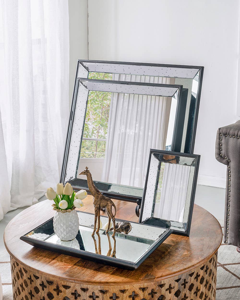 20x20" Mirrored Wood Tray - Silver