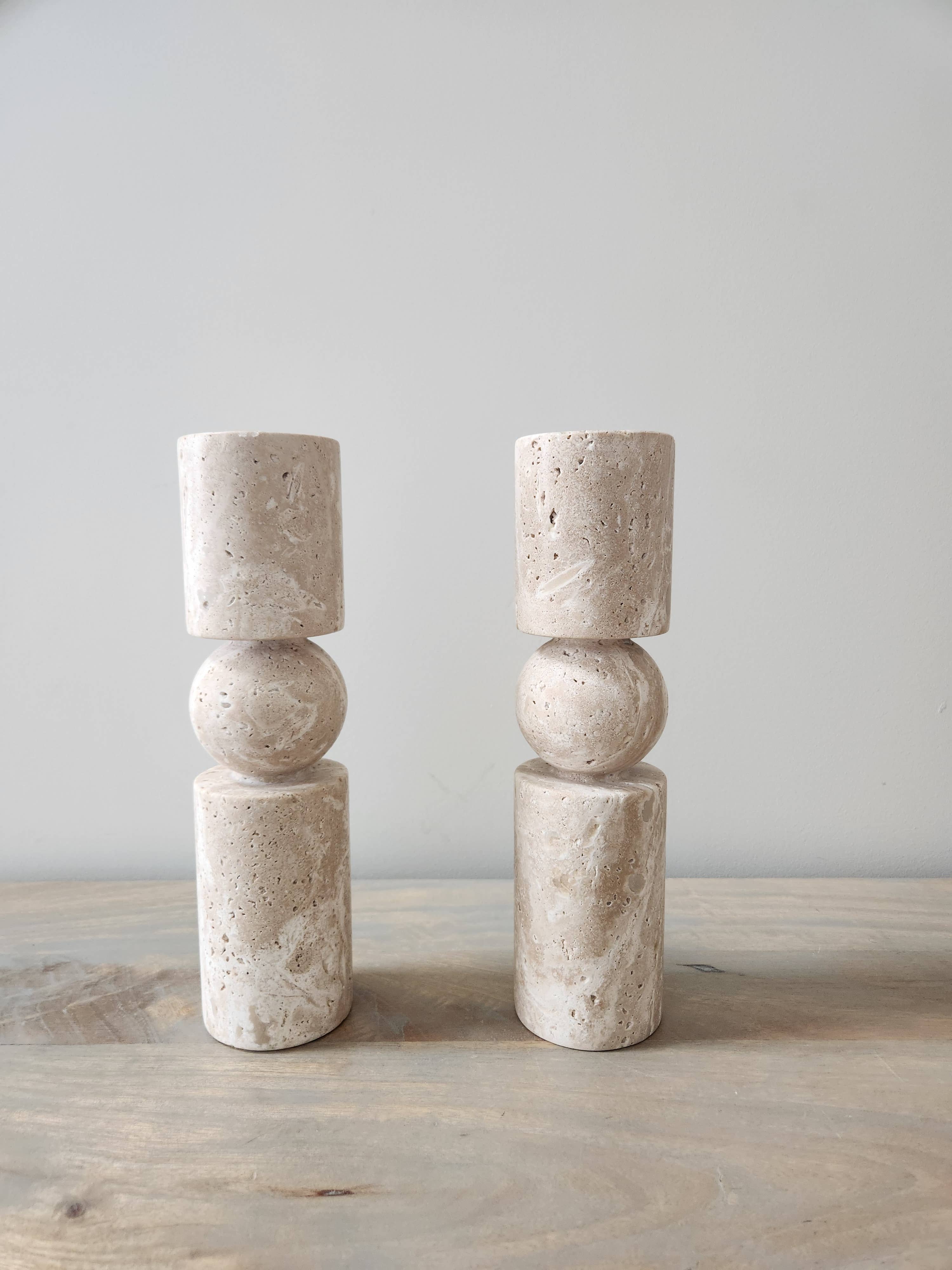 Travertine Stone Candle Holders | Dual Taper + Tealight: Large