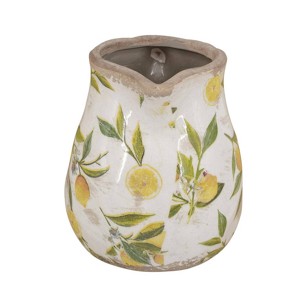 6.3x5x6" White Ceramic Pitcher Vase w/ Yellow Lemon Motif