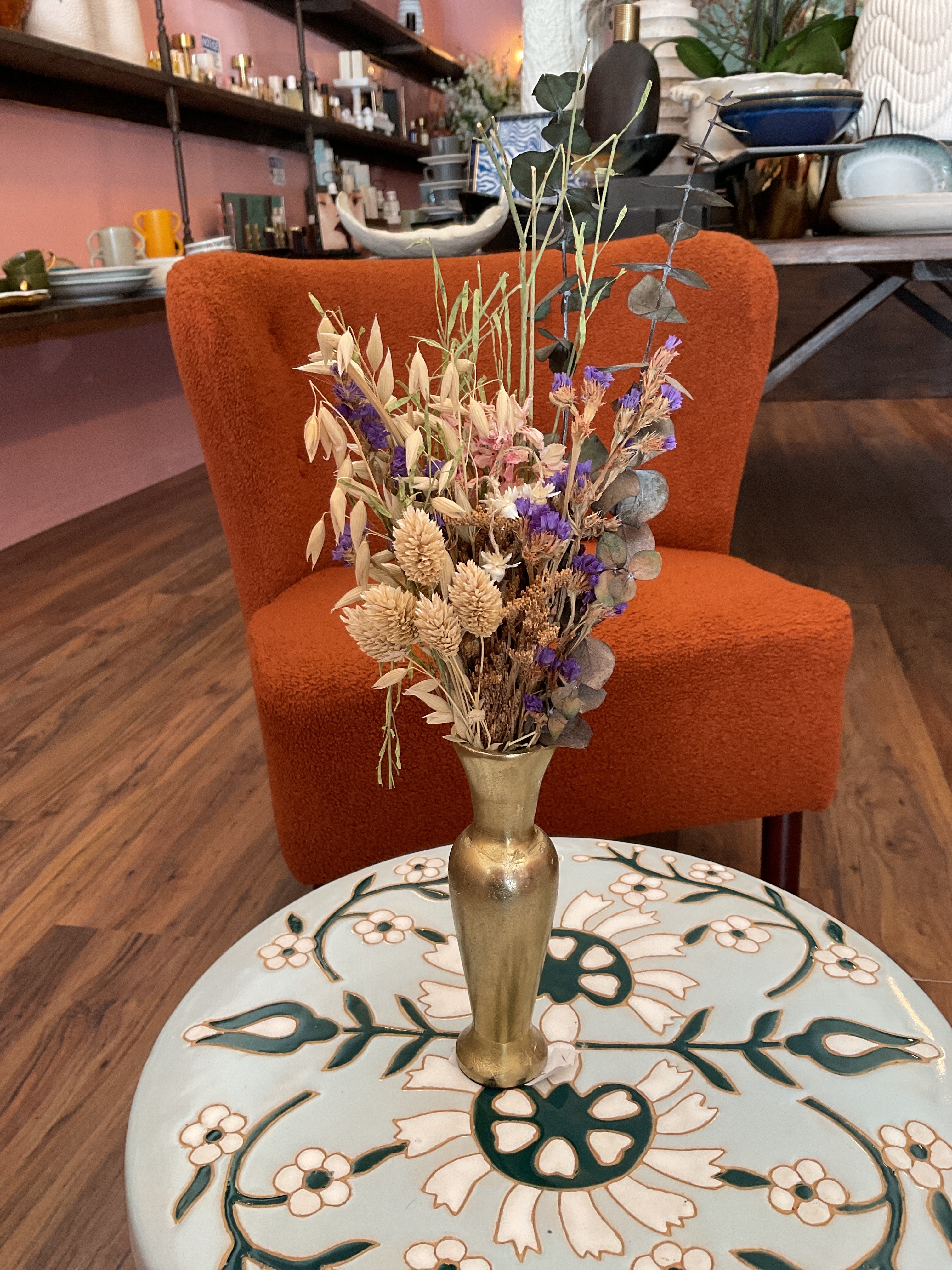 Dried Flowers in Gold Bud Vase