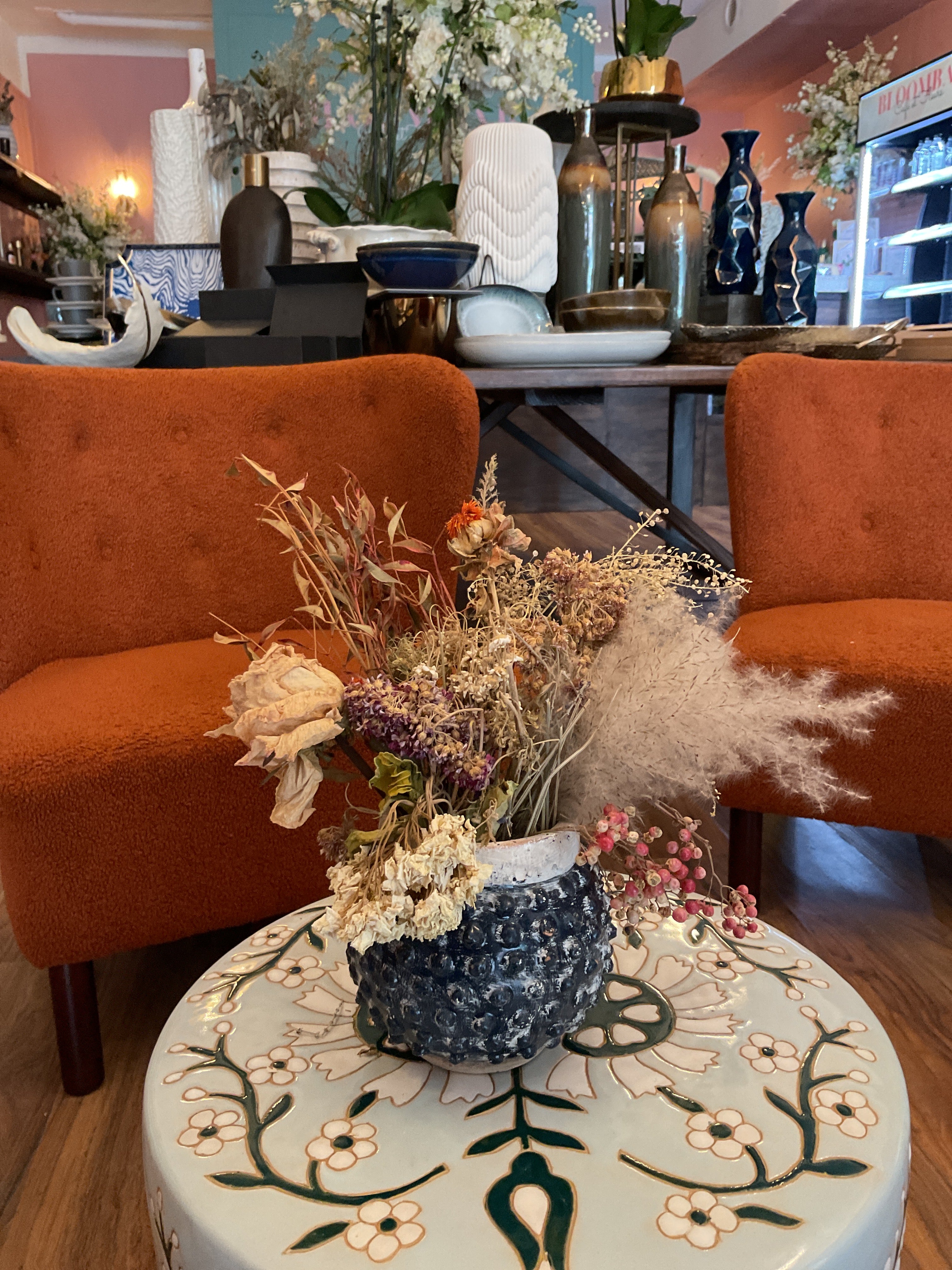 Dried Flowers in Blue Vase