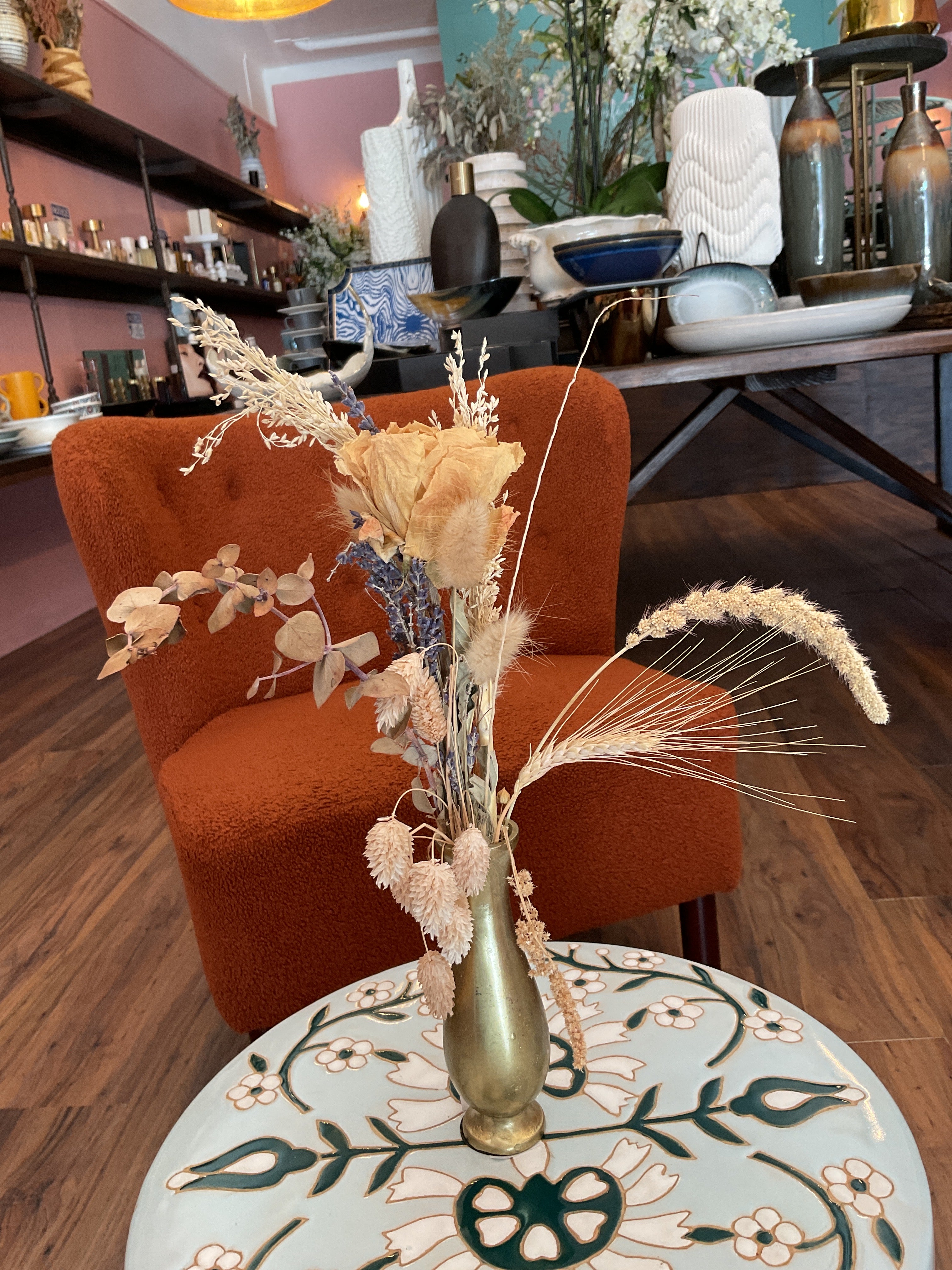 Dried Flowers in Gold Bud Vase