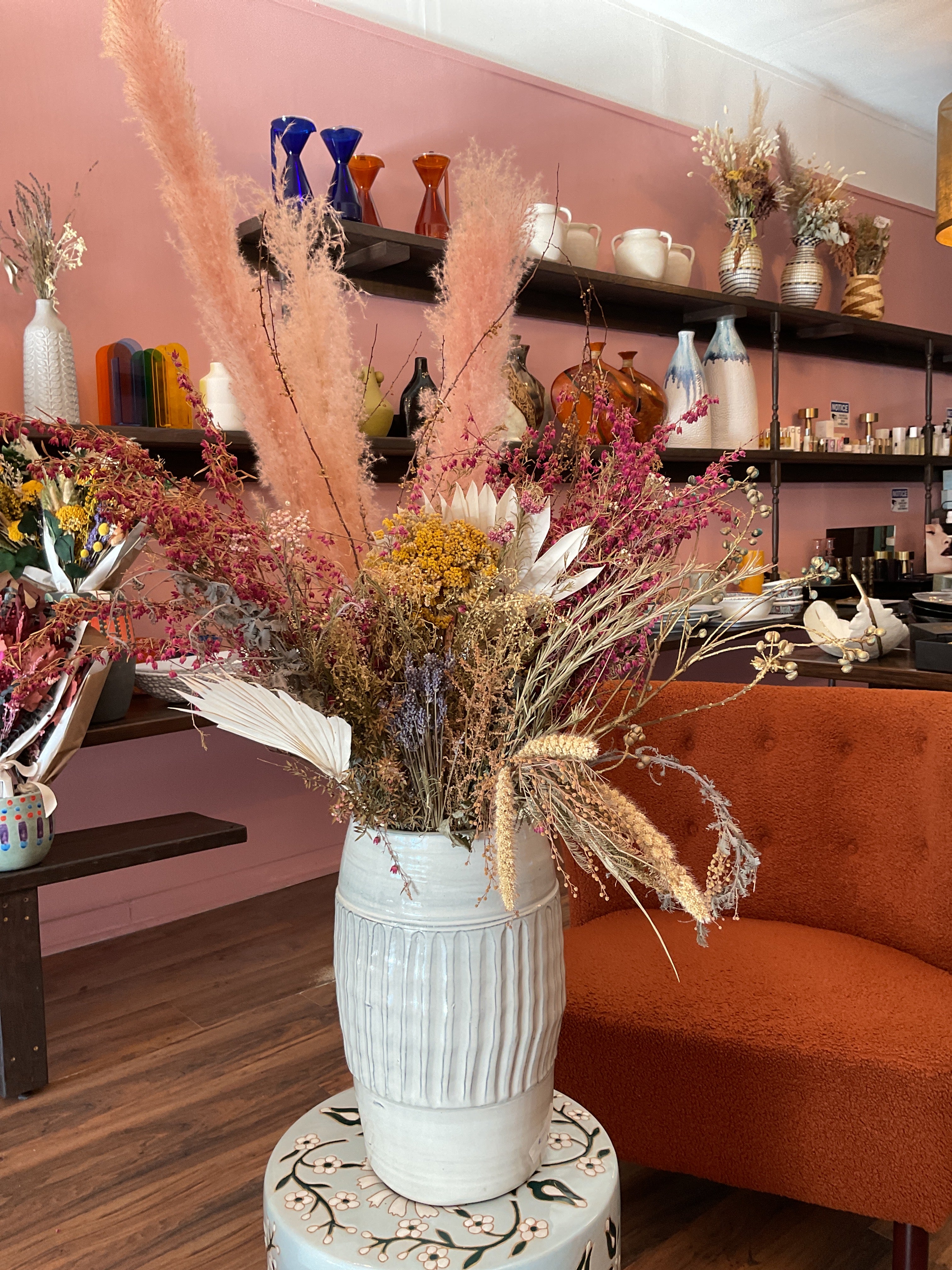 Dried Flowers in Light Blue Vase