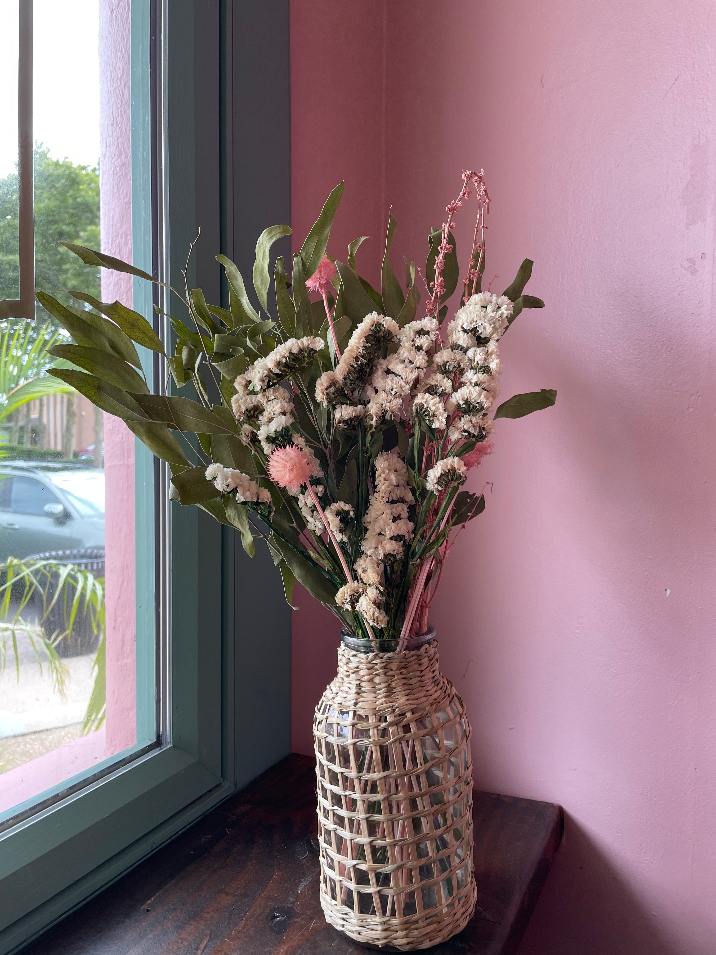 Dried Flowers in Rattan Vase