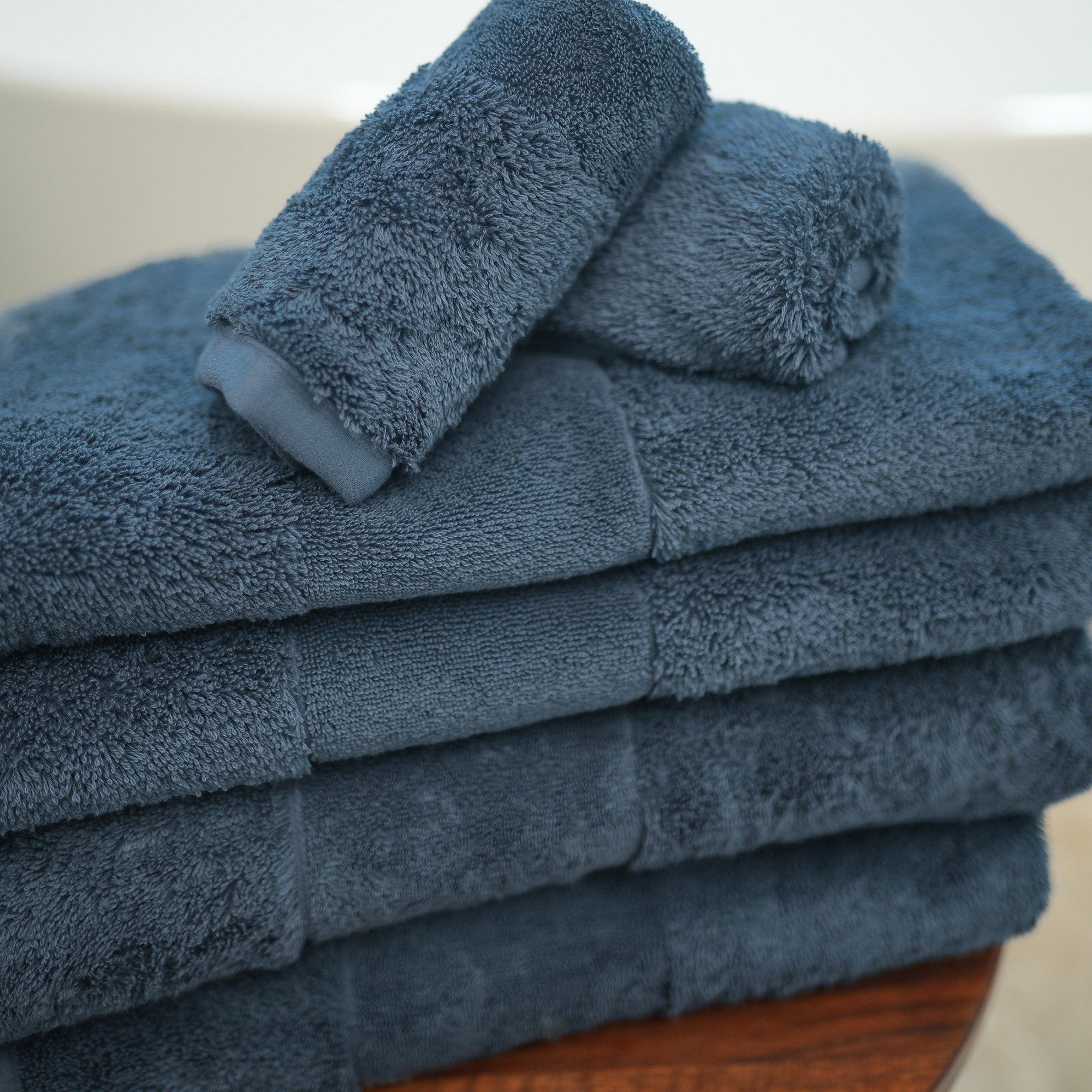 Close-up of organic cotton terry fabric on the Ritual Bath Towel Set by Rest & Reset, showing plush absorbency