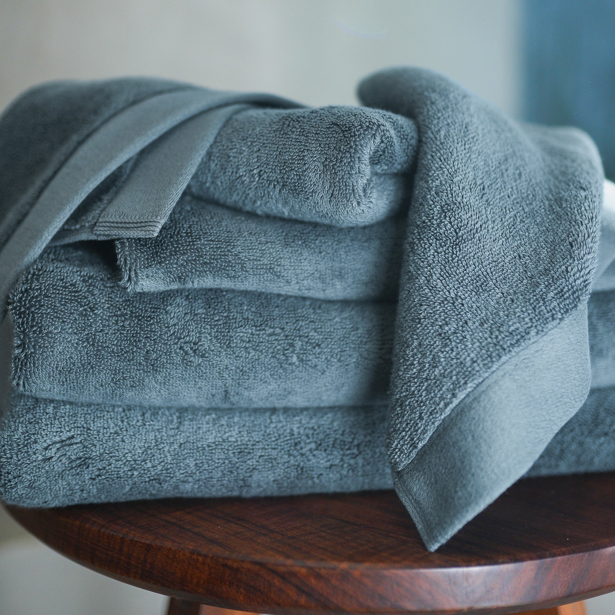 Close-up of organic cotton terry fabric on the Oasis Bath Towel Set by Rest & Reset, highlighting plush absorbency