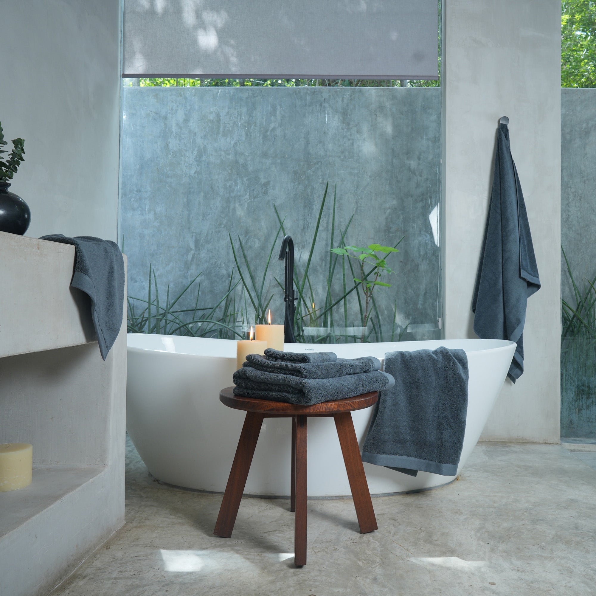 Oasis Bath Towel Set by Rest & Reset styled as part of a complete bathroom setup for everyday luxury