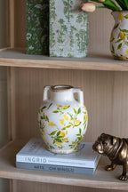 6.7x6.7x8.7" White Ceramic Vase w/ Lemon Motif Small Handles
