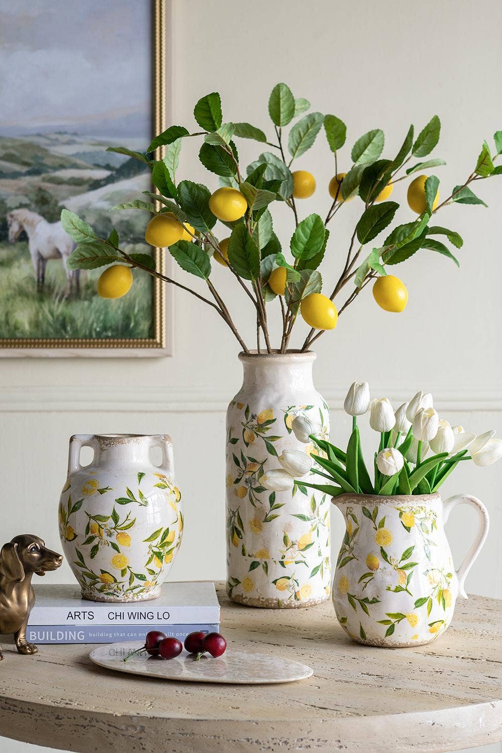 6.7x6.7x8.7" White Ceramic Vase w/ Lemon Motif Small Handles