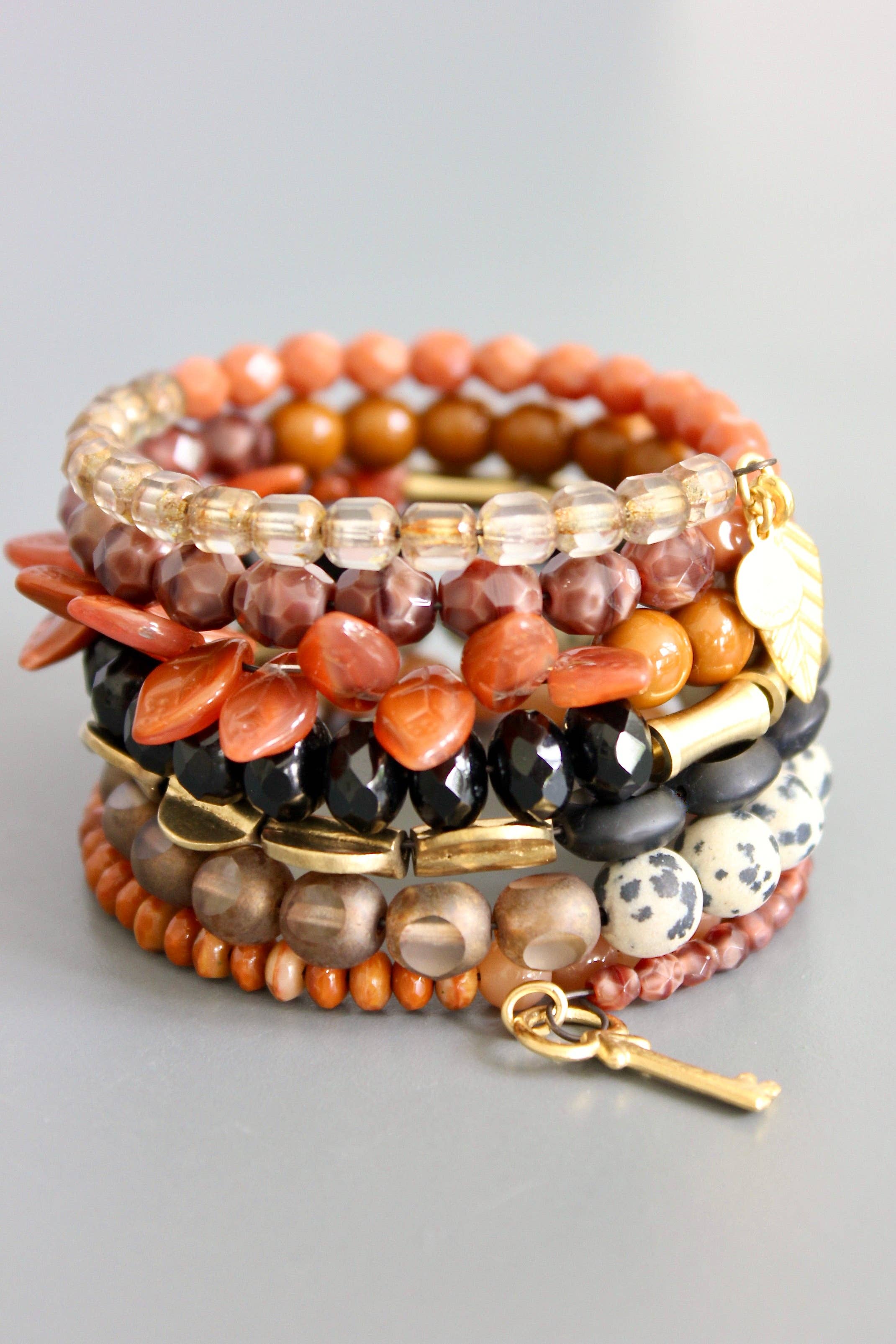 FERB02 Black, caramel, jasper, and peach wrap bracelet