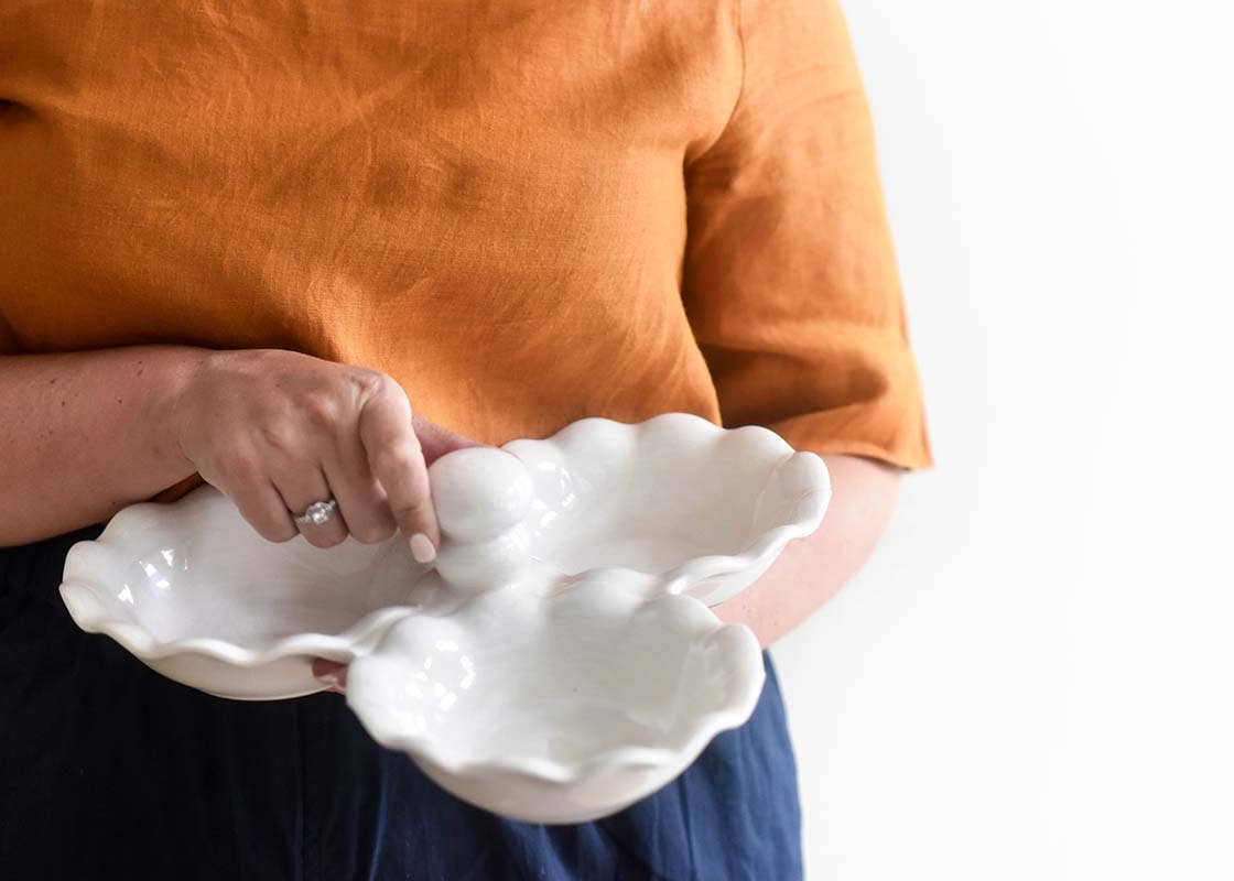 Signature White Ruffle Three Bowl Server