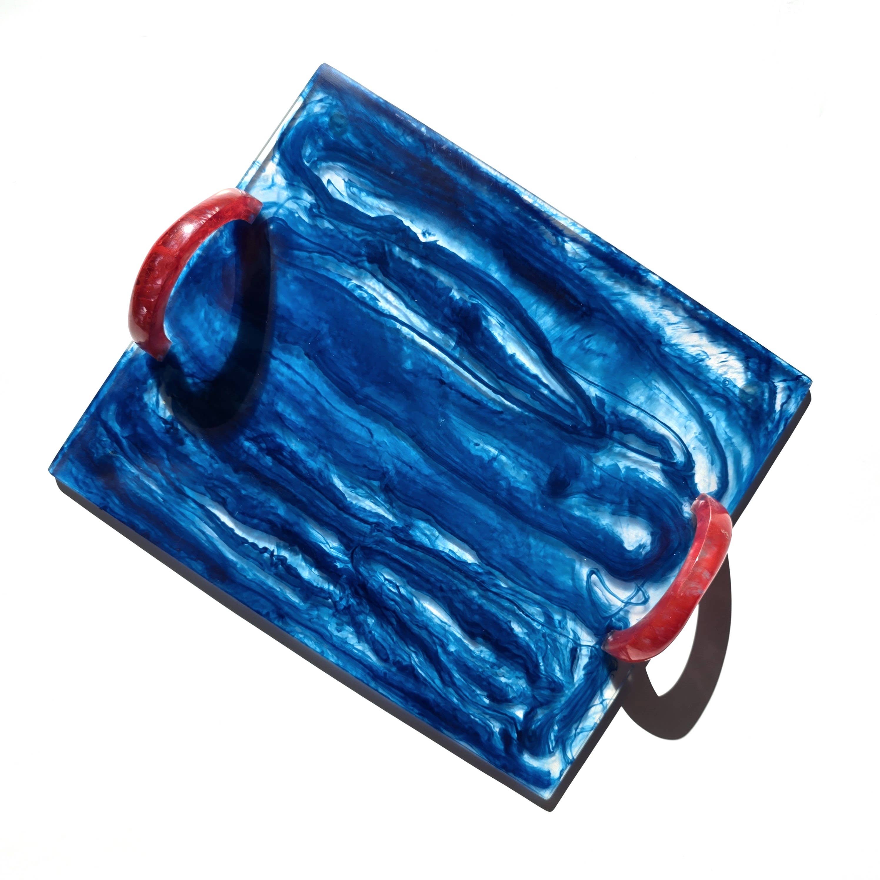 Blue Resin tray with Red handles - Hand Poured Resin Tray