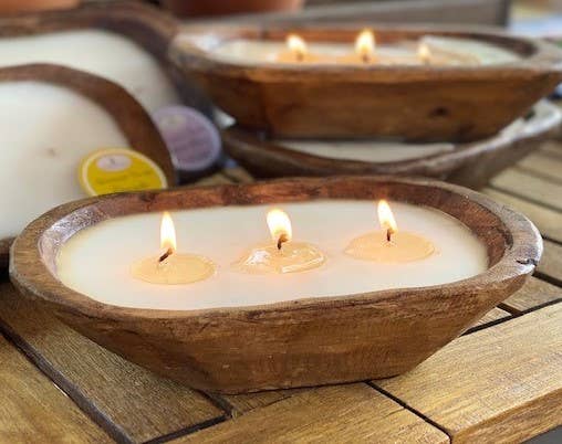 9" Petite Wood Bowl Candle: 10x6x3 / White / Earth Garden