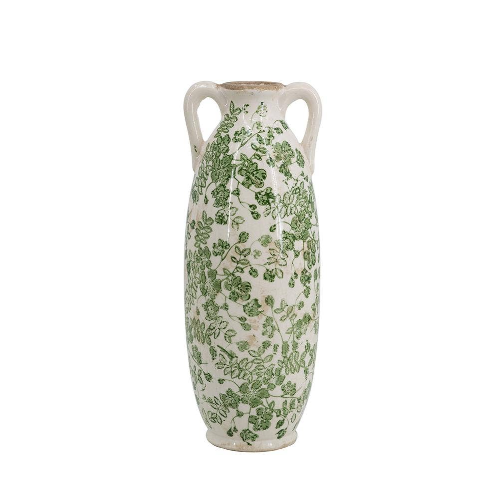 D5x14" White Ceramic Flower Vase Floral Pattern & Handles