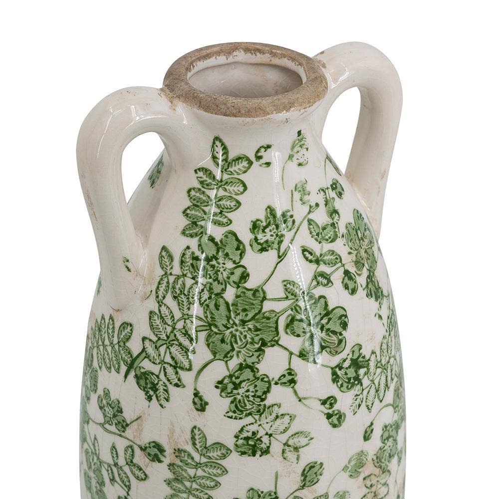 D5x14" White Ceramic Flower Vase Floral Pattern & Handles