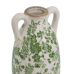 D5x14" White Ceramic Flower Vase Floral Pattern & Handles