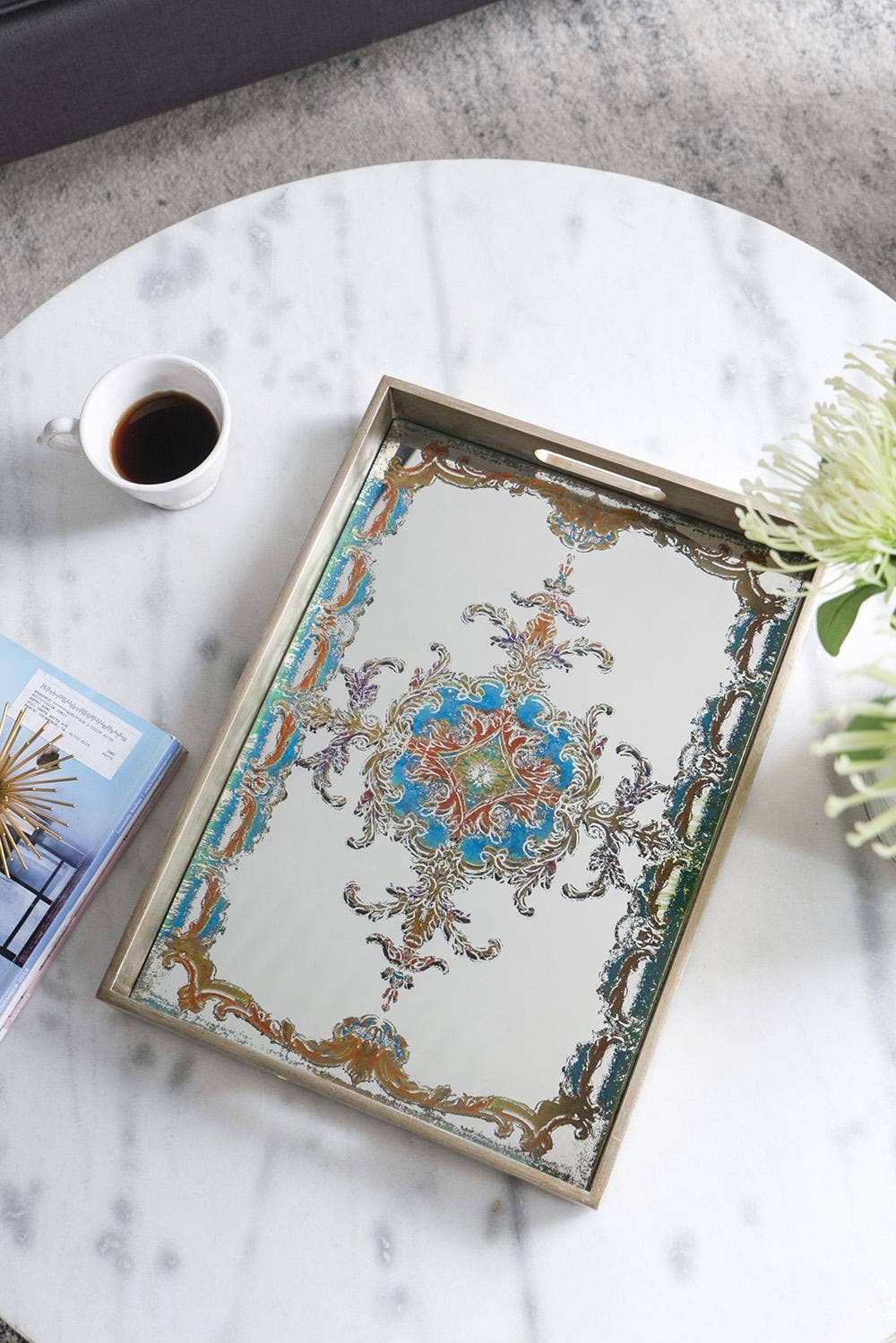 Mirrored Decorative Tray Scroll Design - Multicolor