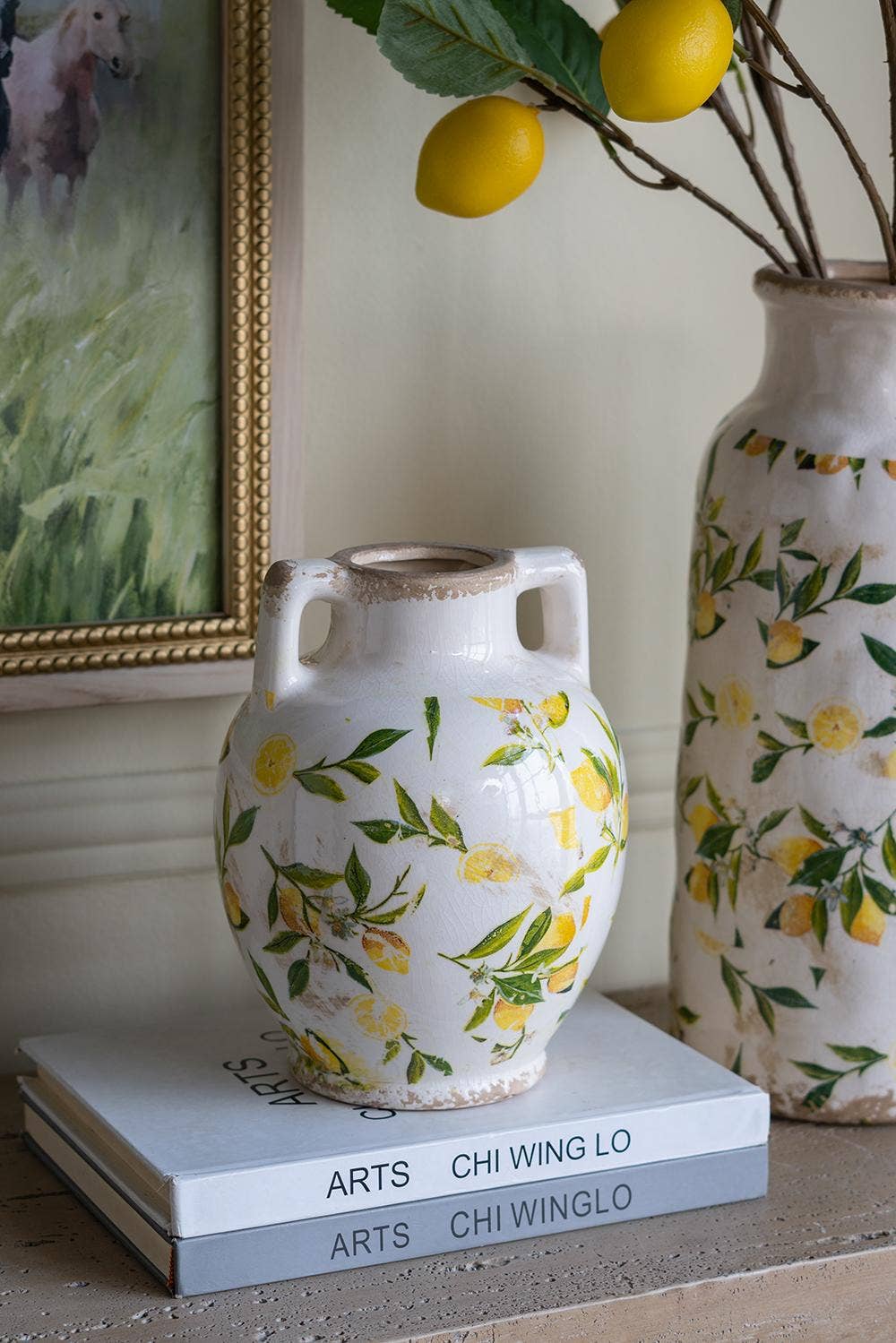 6.7x6.7x8.7" White Ceramic Vase w/ Lemon Motif Small Handles