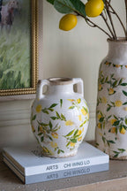 6.7x6.7x8.7" White Ceramic Vase w/ Lemon Motif Small Handles