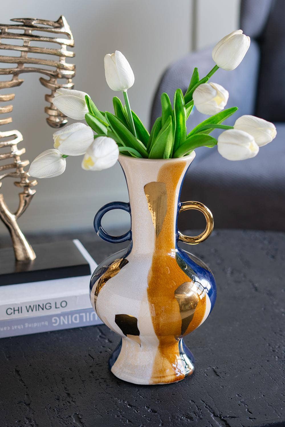 D6x10.5" Round Ceramic Vase Abstract Multicolored Finish