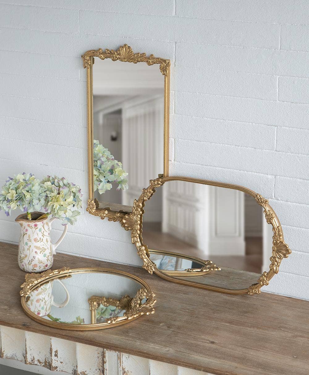 24.5x12.5x1" Mirror Tray w/ Gold Frame & Intricate Floral