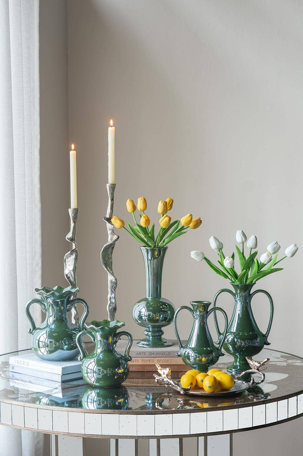 6.5x5x10" Pedestal Vase w/ Handles & Green Electroplating