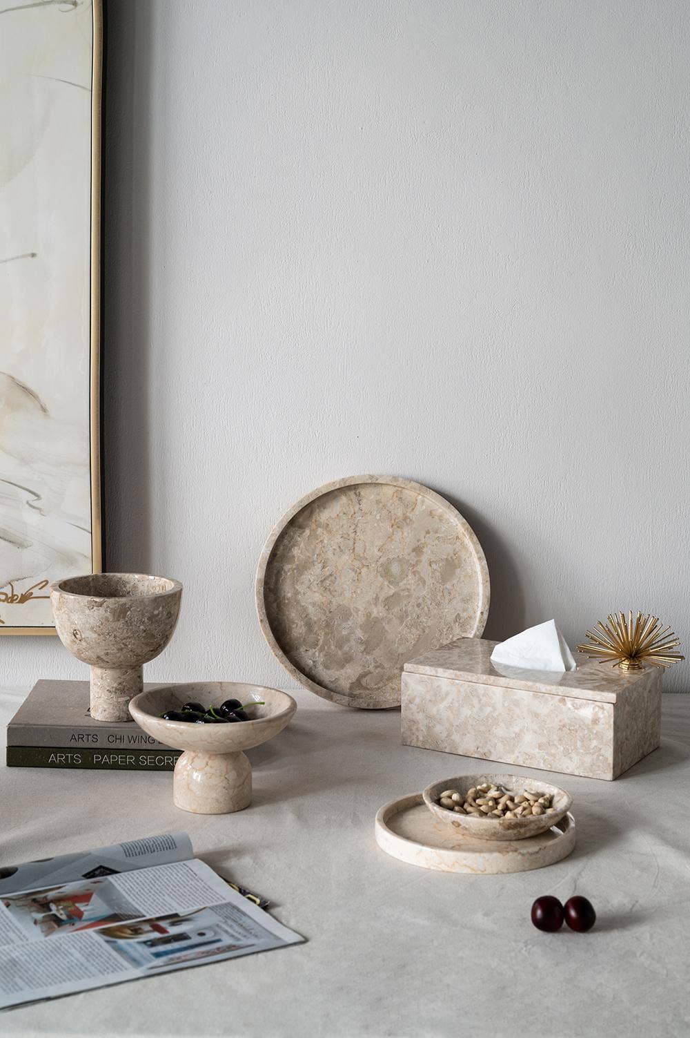 D6x6" Round Marble Pedestal Bowl - Cream