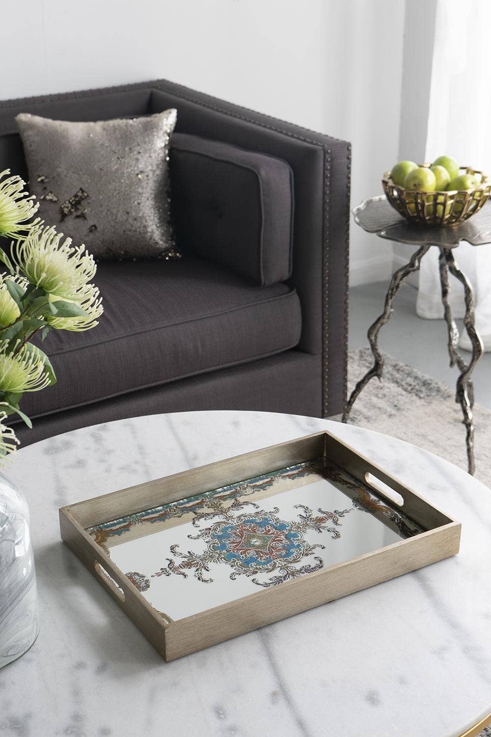 Mirrored Decorative Tray Scroll Design - Multicolor