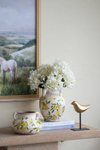 6.7x6.7x8.7" White Ceramic Vase w/ Lemon Motif Small Handles