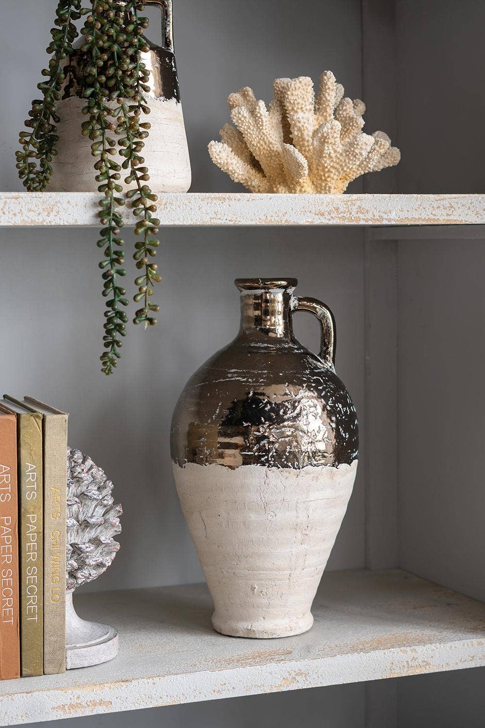 D8x15" Wide Terracotta Jug Vase w/ Metallic Bronze & Tan