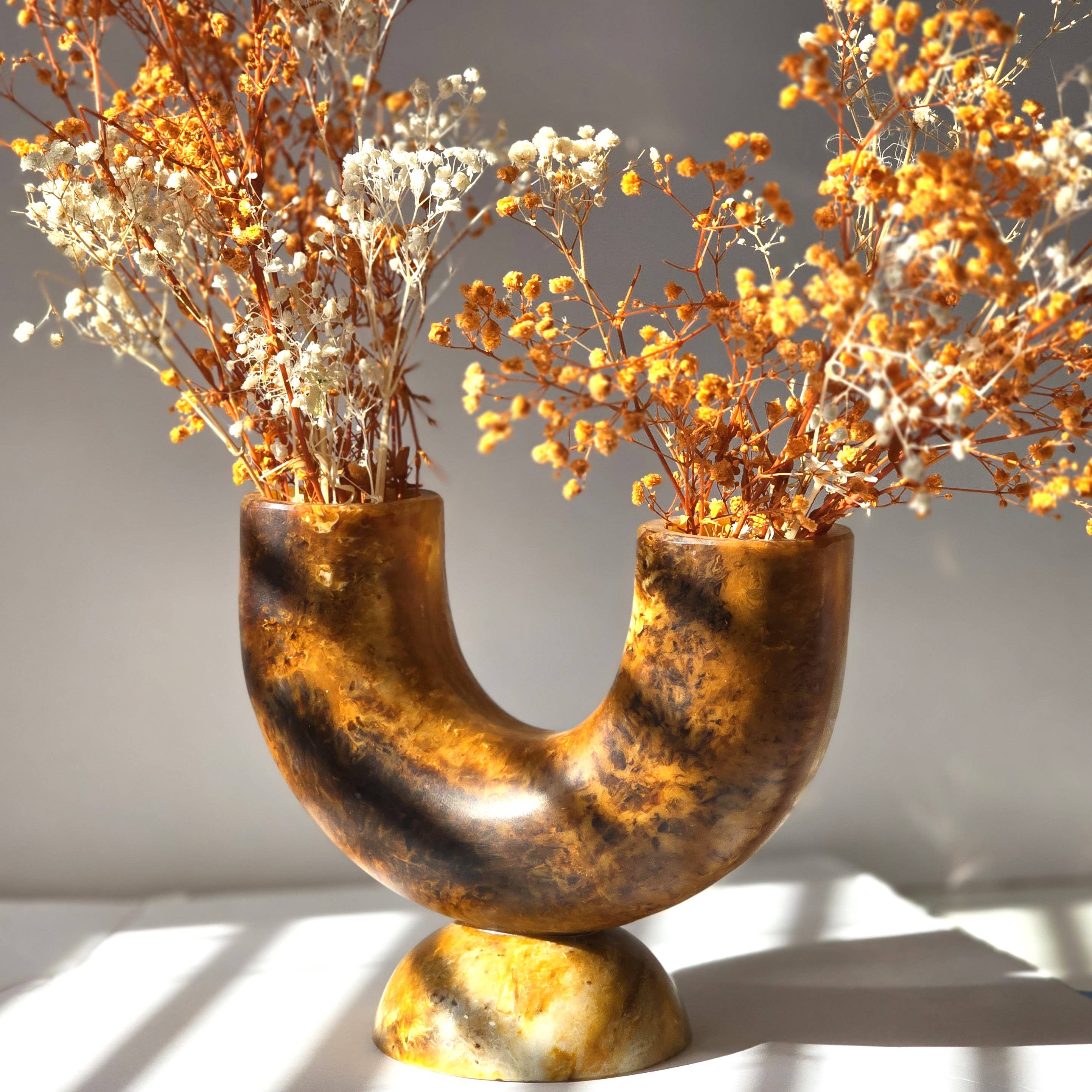 Hand poured Resin Flower Vase with base - Brown Flowers Pot