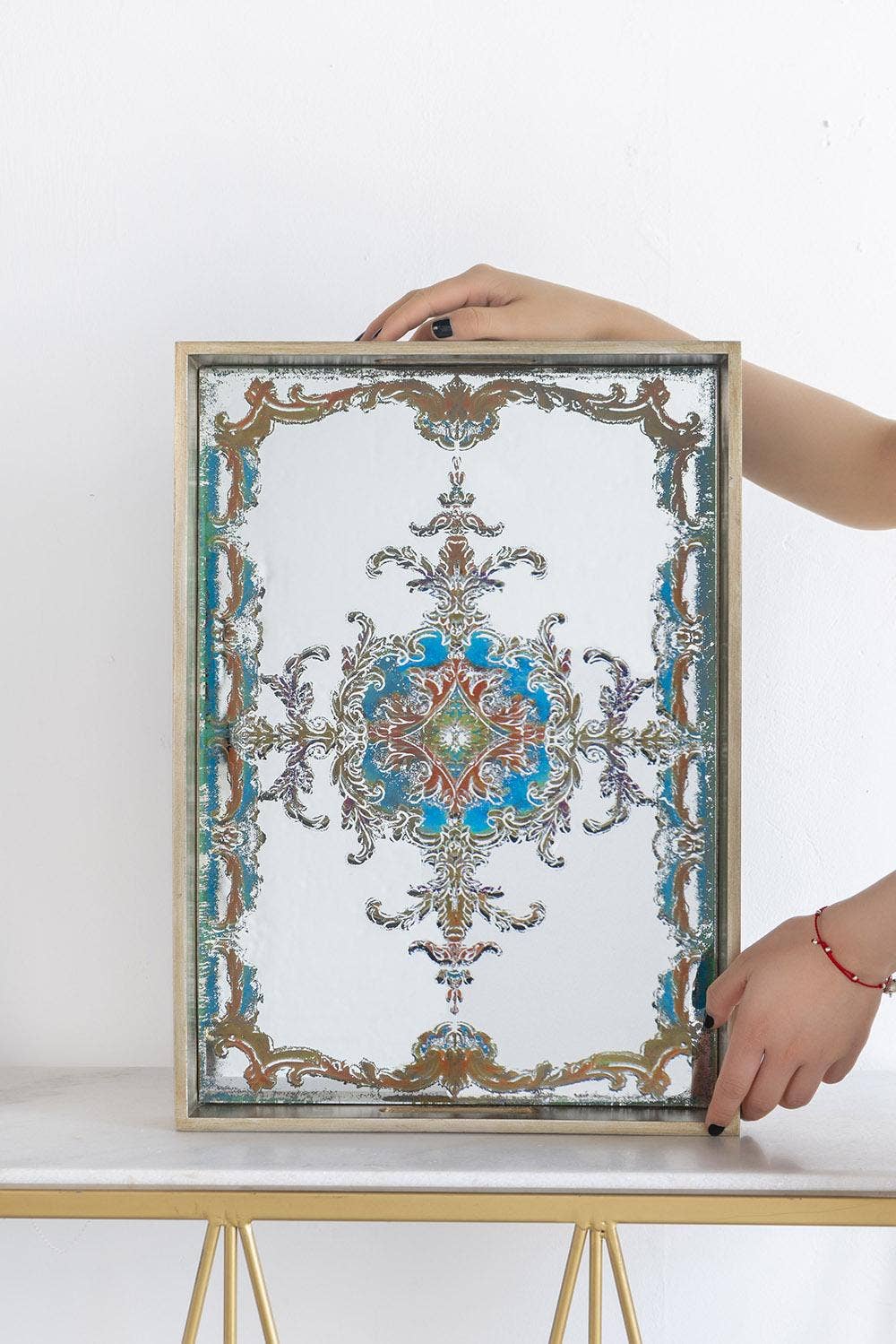 Mirrored Decorative Tray Scroll Design - Multicolor