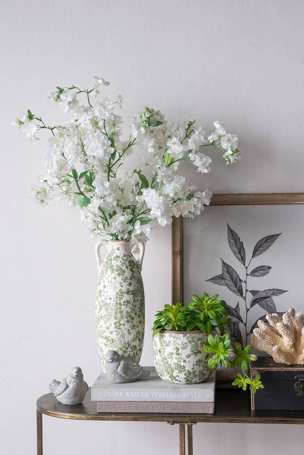 D5x14" White Ceramic Flower Vase Floral Pattern & Handles