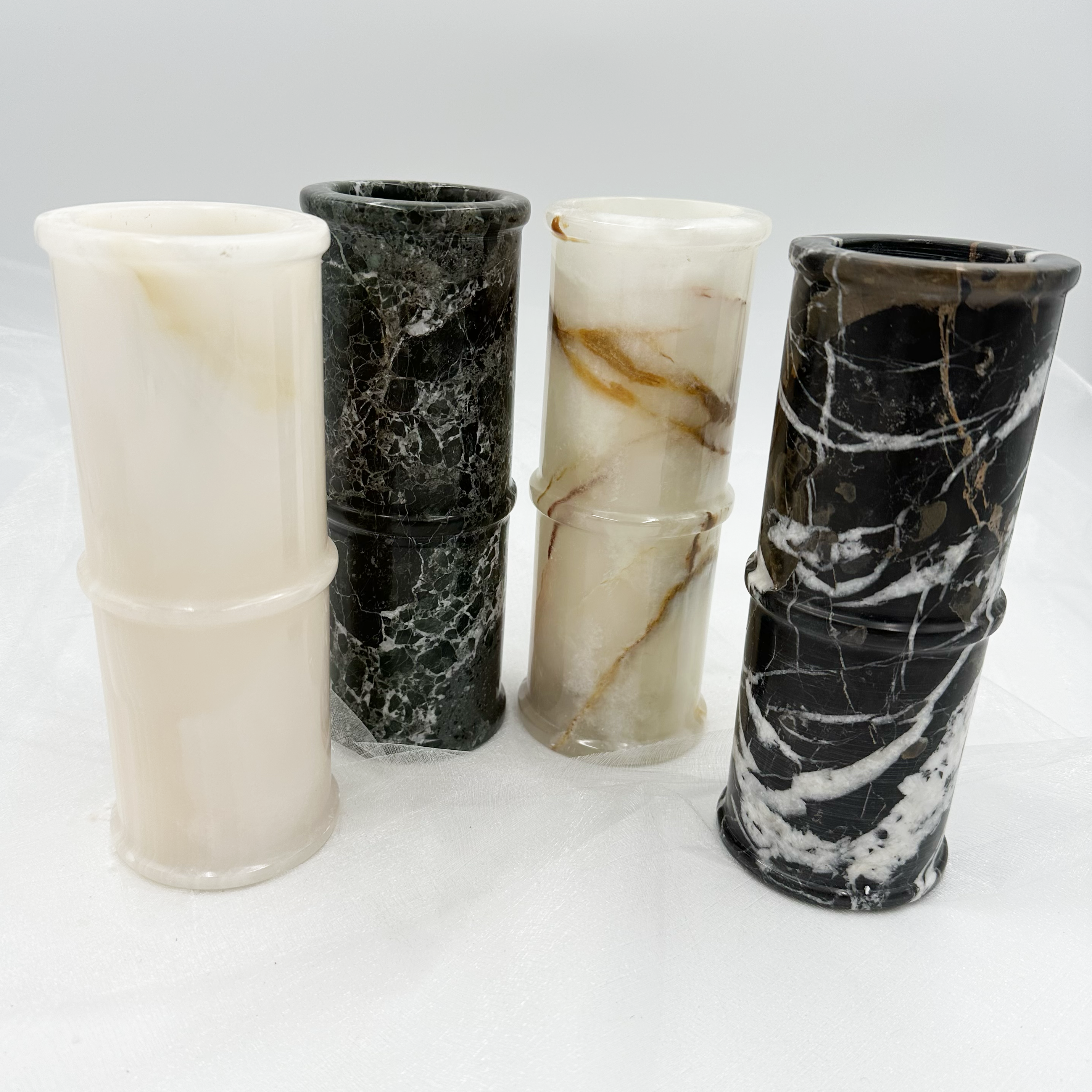 8" Cylindrical Vase in Marble & Onyx: Black Zebra Marble