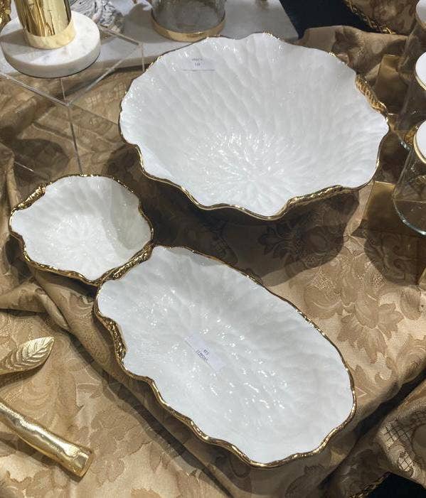 White/Gold Salad Bowl New Bone China Scalloped Edge