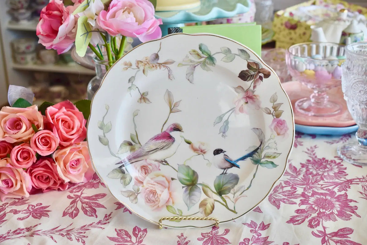 Birds and Vintage Roses. Lunch Dinner Plate 11 inch dish