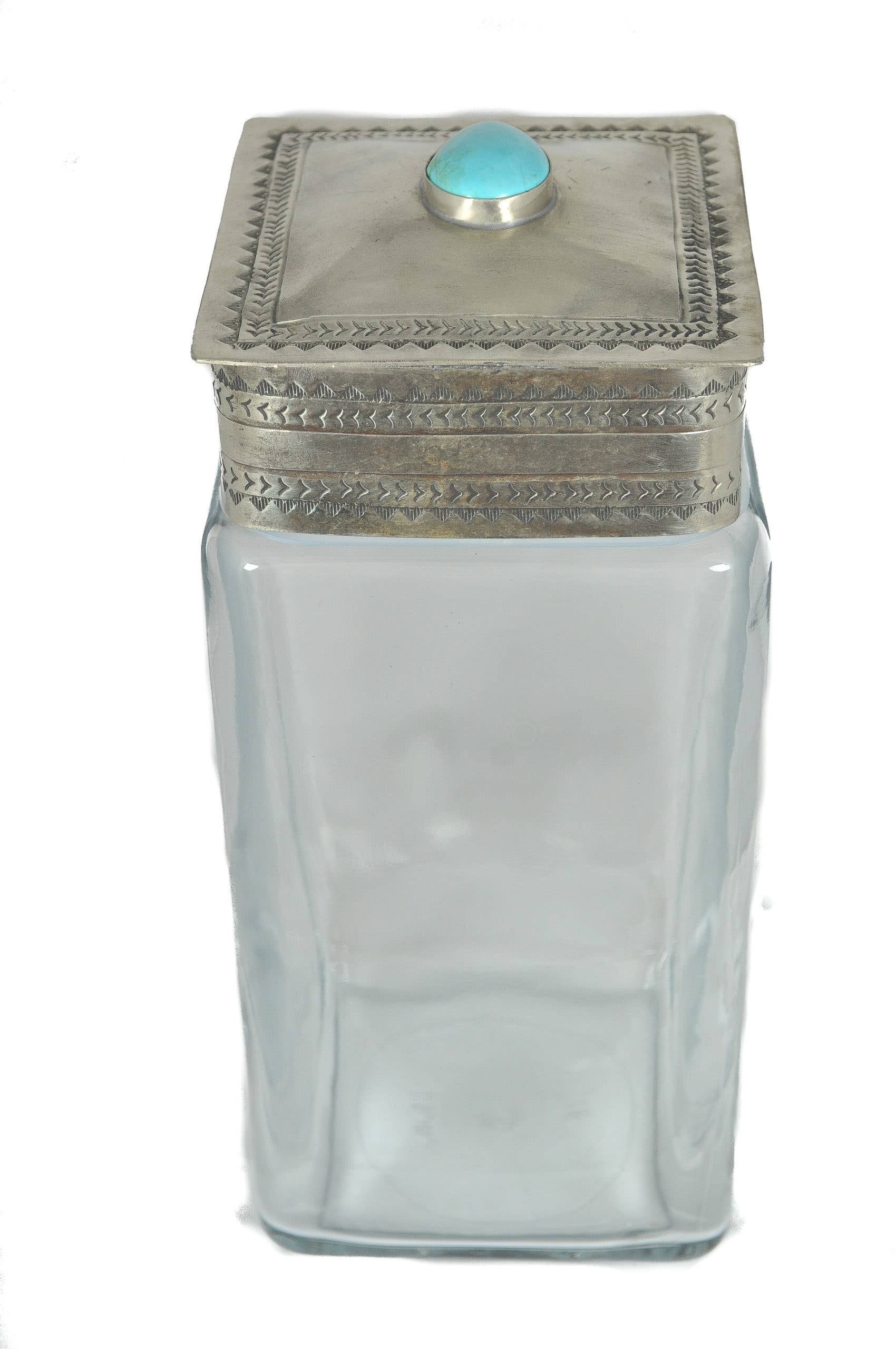 LRG GLASS BOTTOM CANISTER W/ SILVER & TURQ