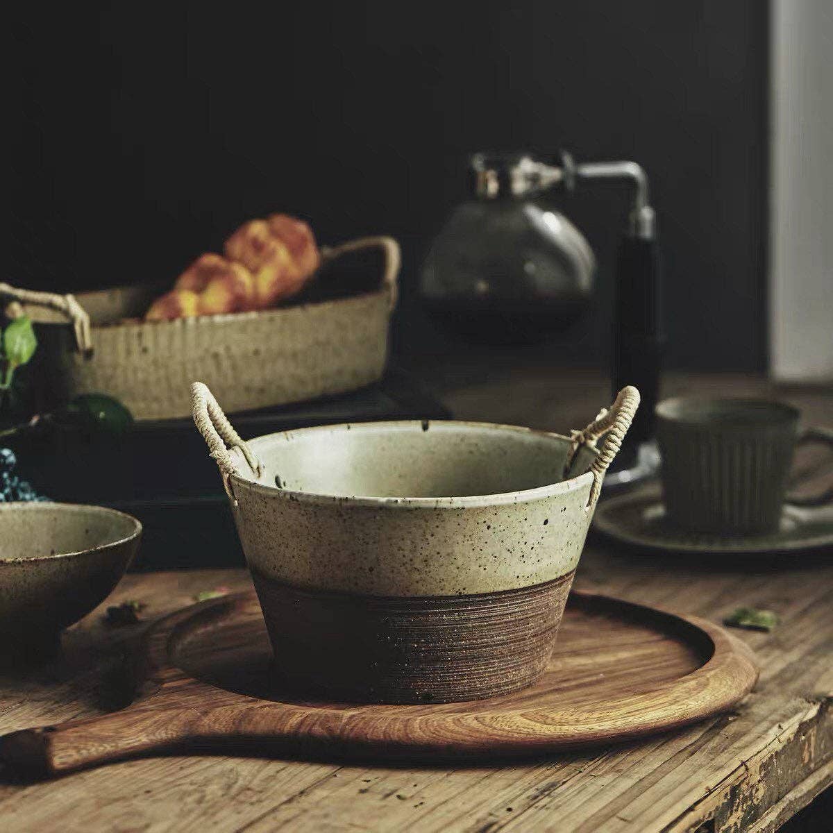 Gohobi Ceramic bowl Japanese style tableware with rattan han
